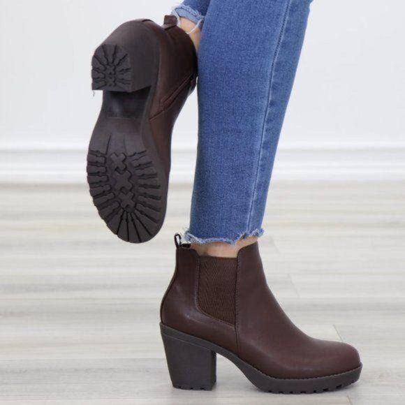 Lug Sole Ankle Boots Brown Chelsea Booties - Picture 11 of 12